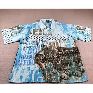 Solo Limited Mens Button Up Shirt XL‎ Engine Print 100% Polyester Cars Motors